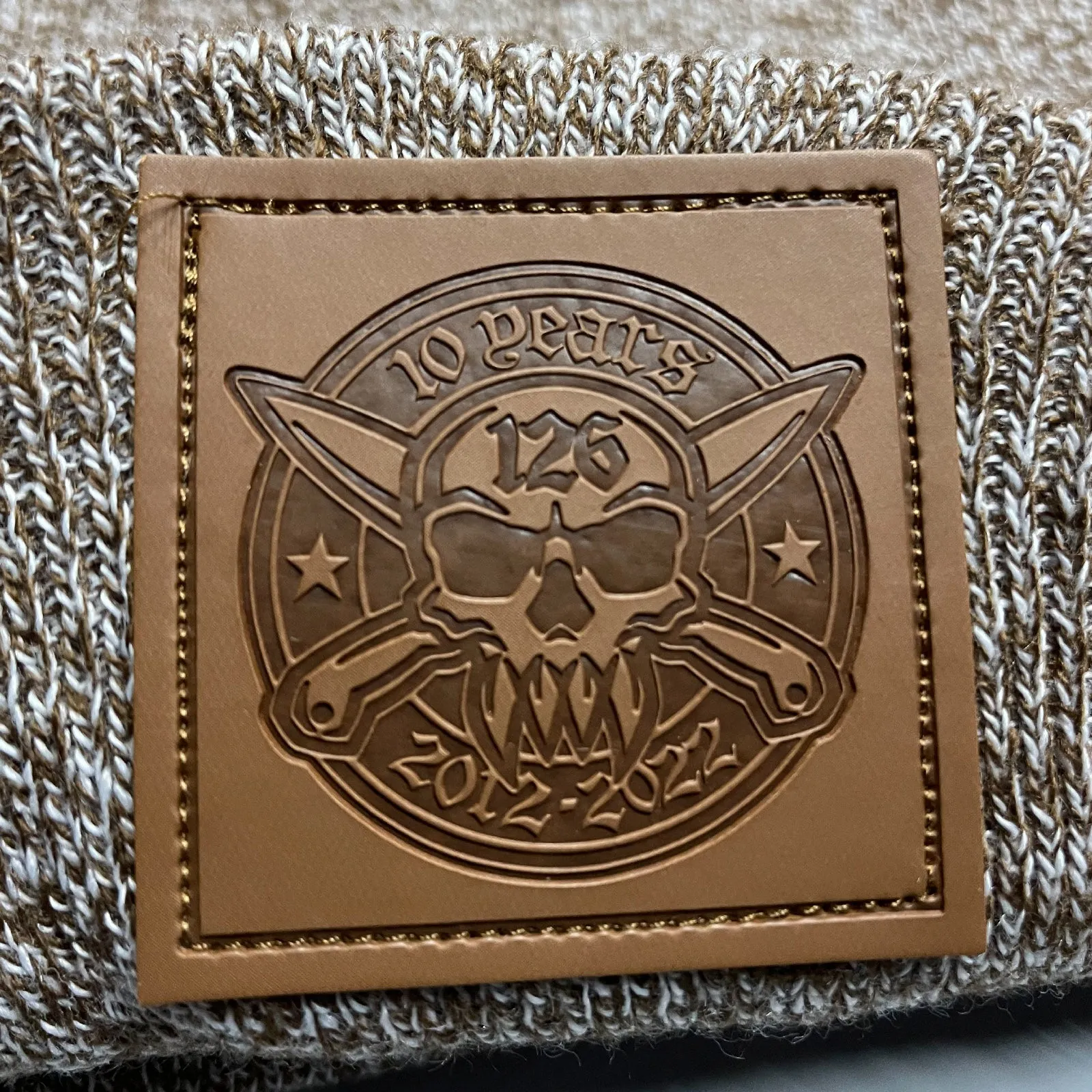 10 Year Anniversary Eco Leather Patch Beanie  (Heather Oatmeal)