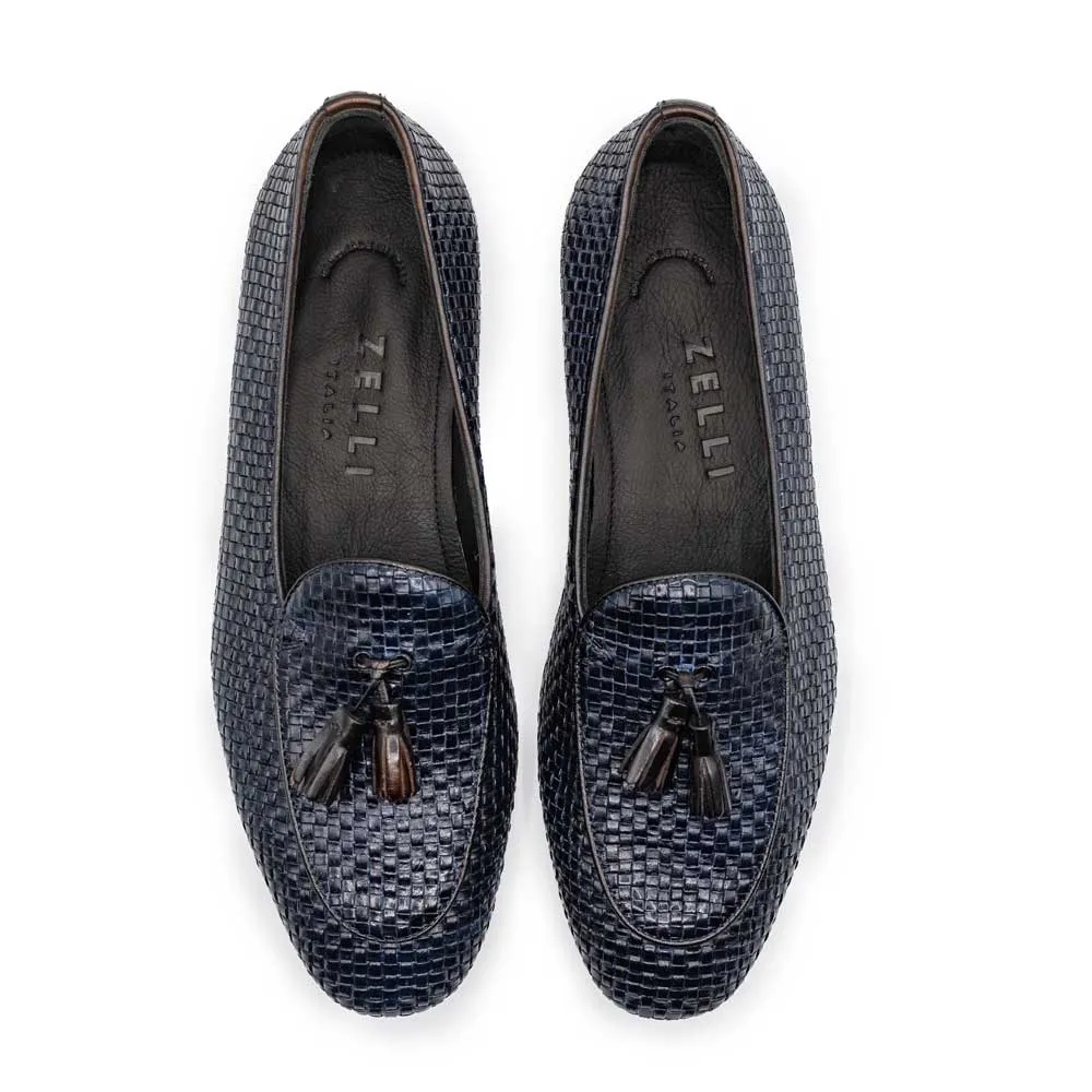 15-216-NVY TINO Calfskin Woven Tassel Loafer, Navy