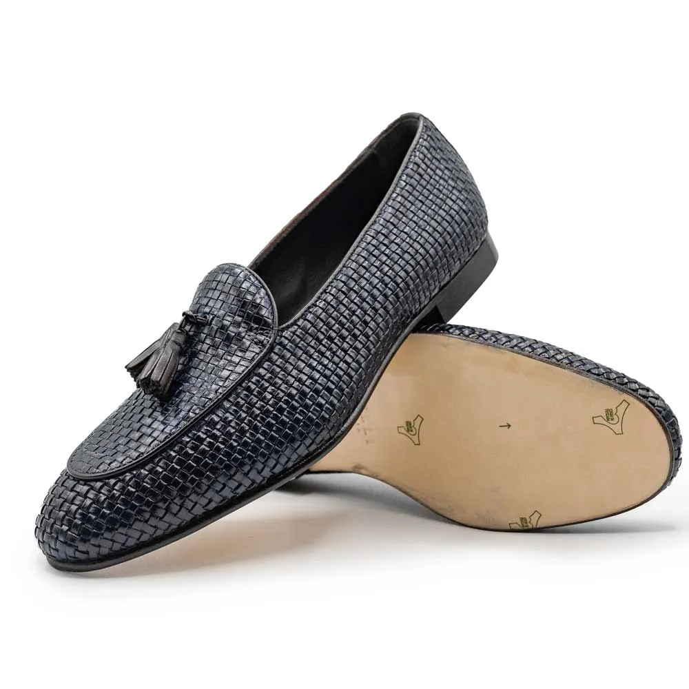 15-216-NVY TINO Calfskin Woven Tassel Loafer, Navy