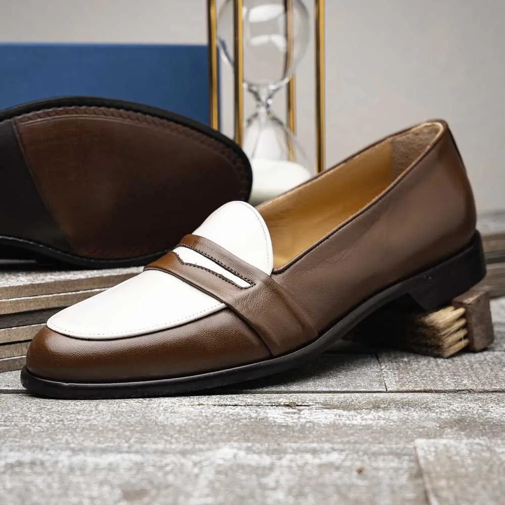 15-300-CRM ALBA Calfskin Penny Loafer, Camel/Cream