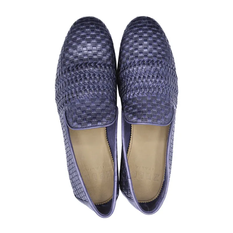 19-229-GRY LUCE Italian Calfskin Woven Loafer, Denim-Grey