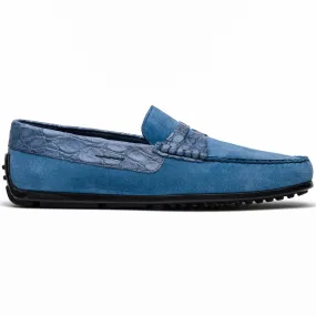 31-160-DNM MONZA Sueded Calfskin with Crocodile Driver Denim