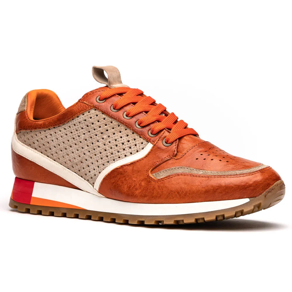 65-224-ONG MATTEO Italian Calf and Suede Perforated Sneakers, Burnt Orange