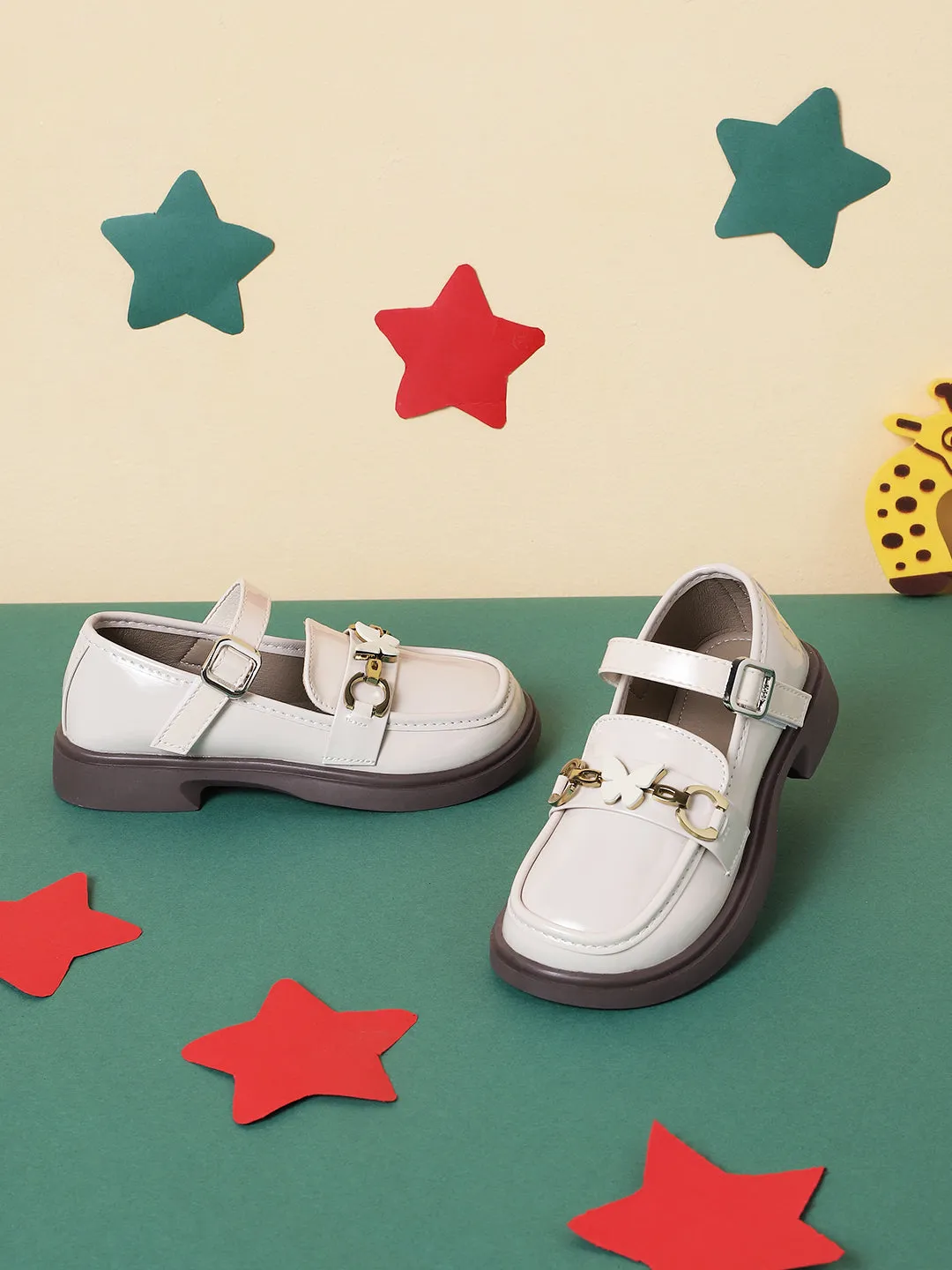 Beige Patent Stylish Velcro Loafers For Kids-Girls (TC-RS3636-BEIG)