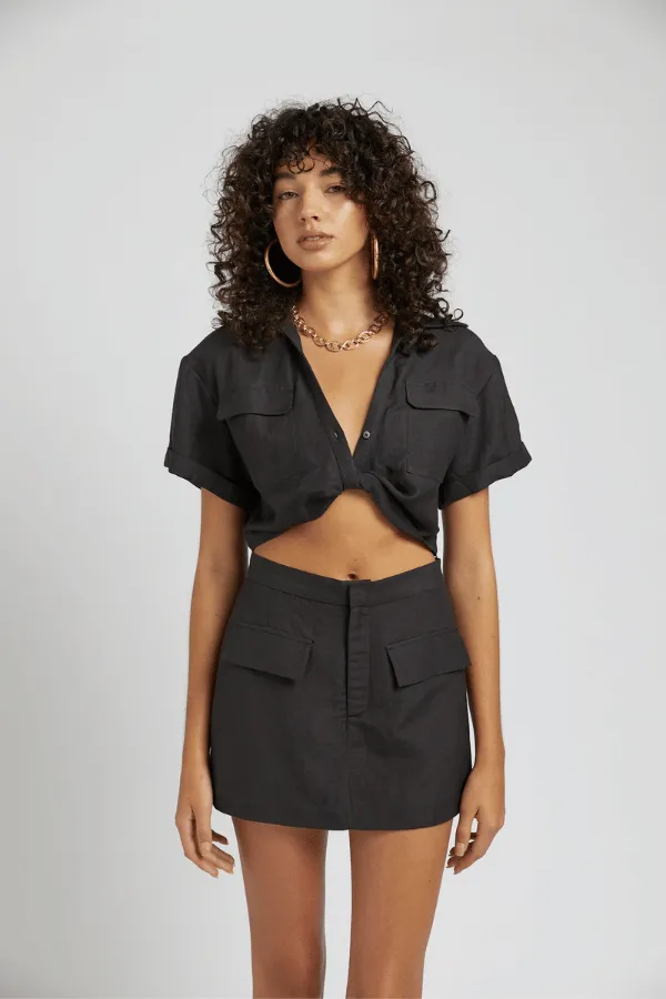 Cropped Linen Twist Shirt Black