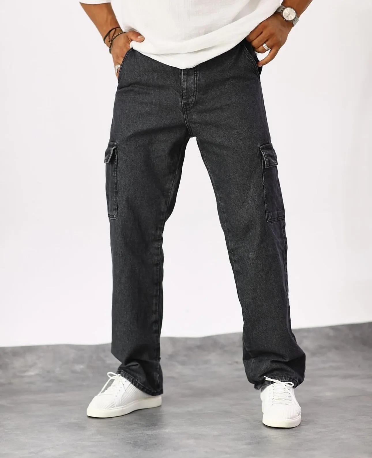 Curtis Cargo Utility Baggy Washed Black Denim Pants