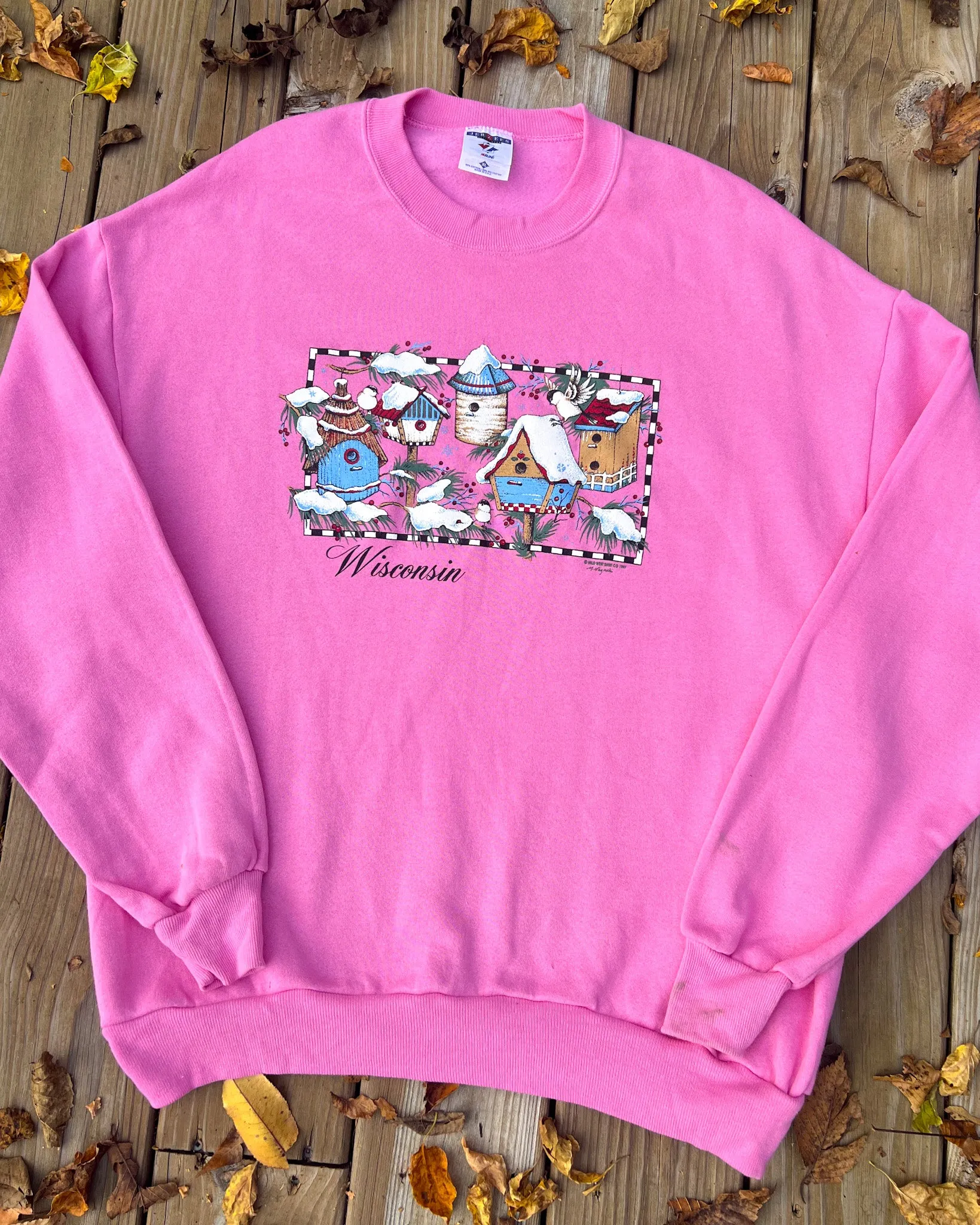 Vintage Snowy Birdhouse Pink Crewneck